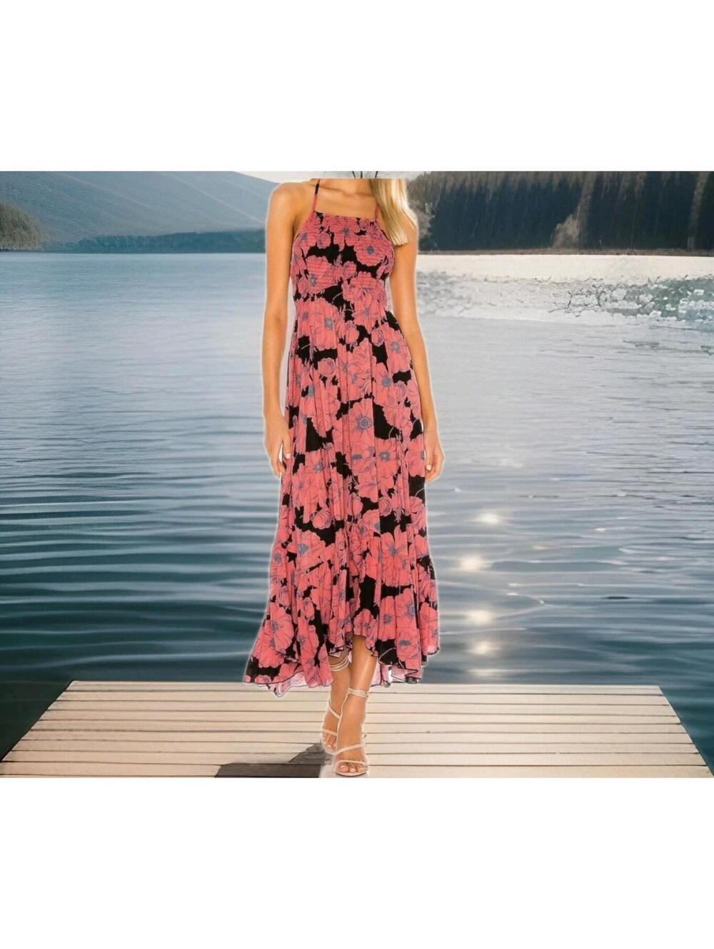 Free People Heatwave Printed Maxi Dress Size L Black Combo Floral NEW #CB2